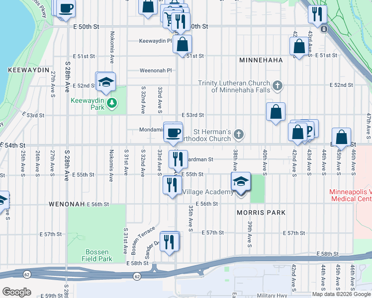 map of restaurants, bars, coffee shops, grocery stores, and more near 5356 35th Avenue South in Minneapolis