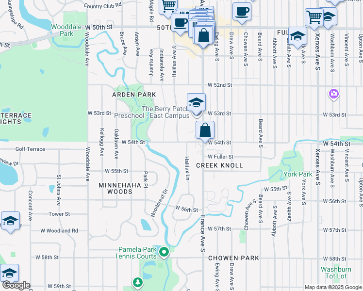 map of restaurants, bars, coffee shops, grocery stores, and more near 5336 Halifax Avenue South in Minneapolis