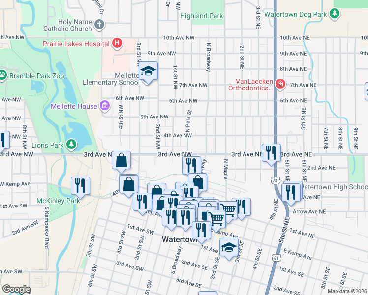 map of restaurants, bars, coffee shops, grocery stores, and more near 311 North Park Street in Watertown