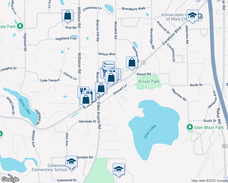map of restaurants, bars, coffee shops, grocery stores, and more near 14414 Stewart Lane in Minnetonka