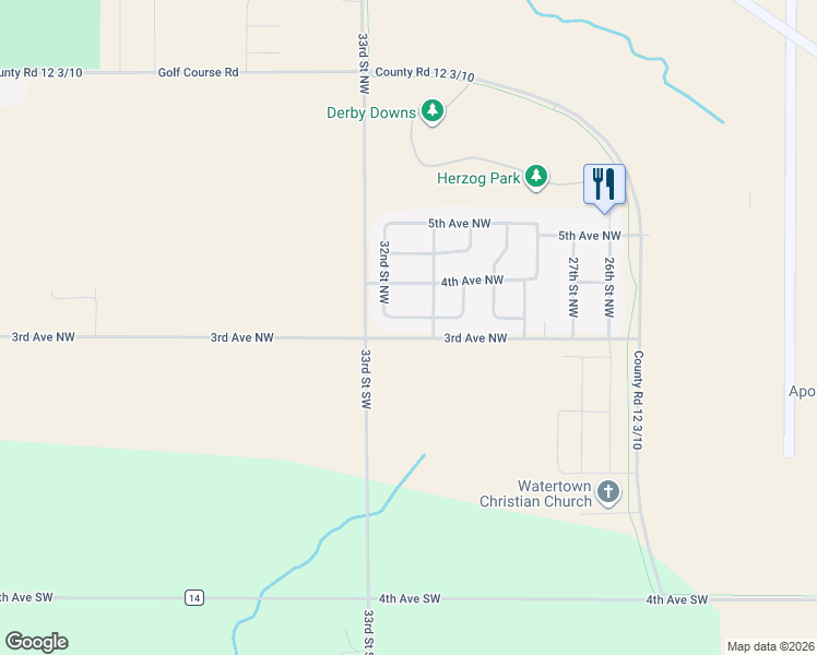 map of restaurants, bars, coffee shops, grocery stores, and more near 3001-3199 Downs Avenue Northwest in Watertown