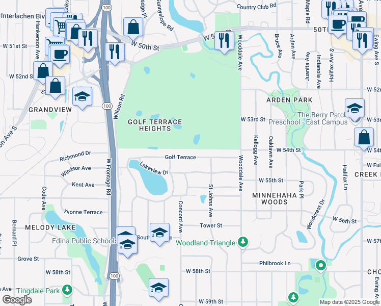 map of restaurants, bars, coffee shops, grocery stores, and more near 4608 Golf Terrace in Minneapolis