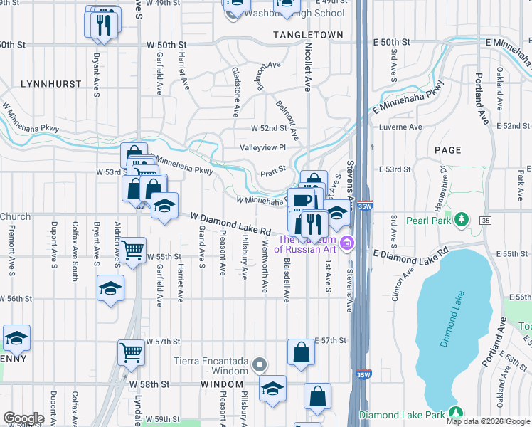map of restaurants, bars, coffee shops, grocery stores, and more near 119 West Minnehaha Parkway in Minneapolis