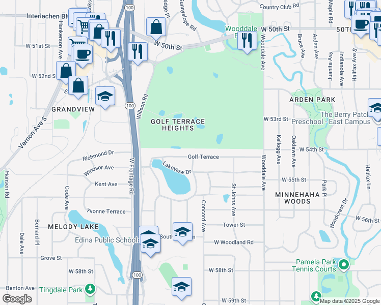 map of restaurants, bars, coffee shops, grocery stores, and more near 4702 Golf Terrace in Minneapolis