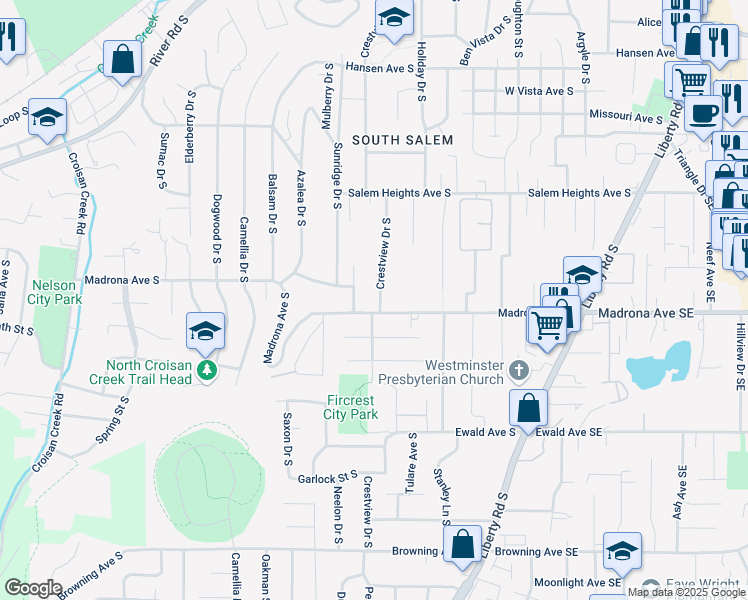 map of restaurants, bars, coffee shops, grocery stores, and more near 3485 Crestview Drive South in Salem