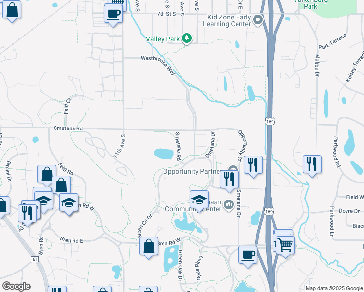 map of restaurants, bars, coffee shops, grocery stores, and more near 5455 Smetana Drive in Minnetonka