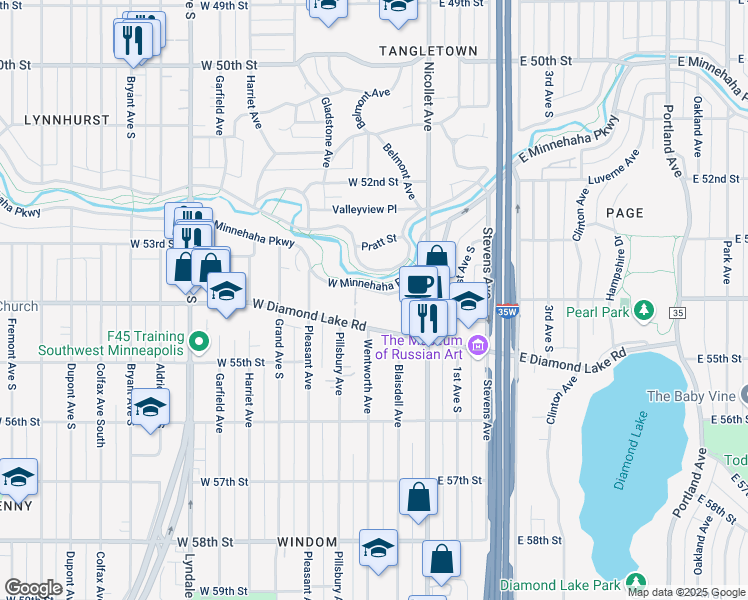 map of restaurants, bars, coffee shops, grocery stores, and more near 119 West Minnehaha Parkway in Minneapolis
