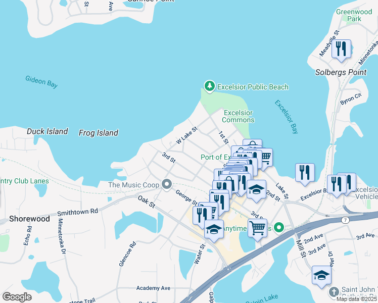 map of restaurants, bars, coffee shops, grocery stores, and more near 127 Bell Street in Excelsior