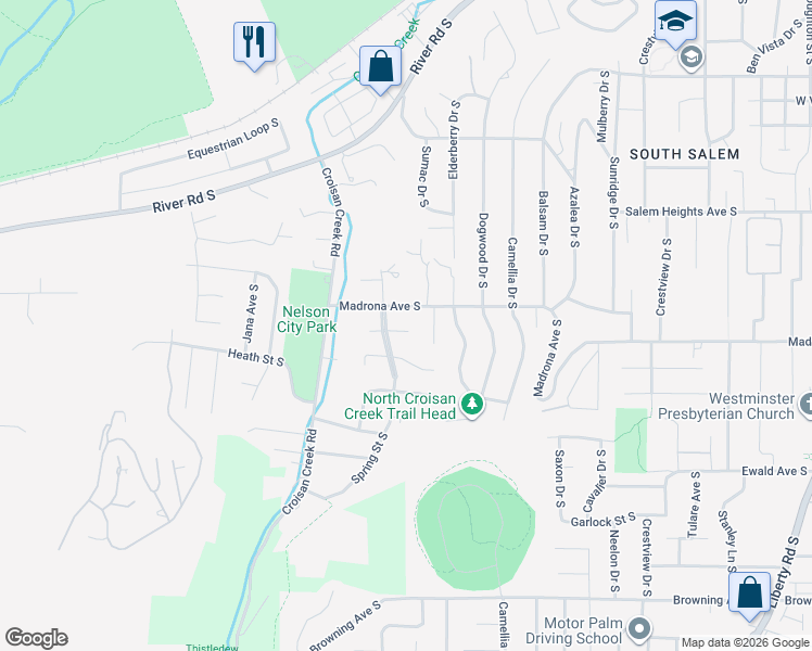 map of restaurants, bars, coffee shops, grocery stores, and more near 1680 Madrona Avenue South in Salem
