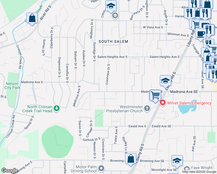 map of restaurants, bars, coffee shops, grocery stores, and more near 3470 Crestview Drive South in Salem