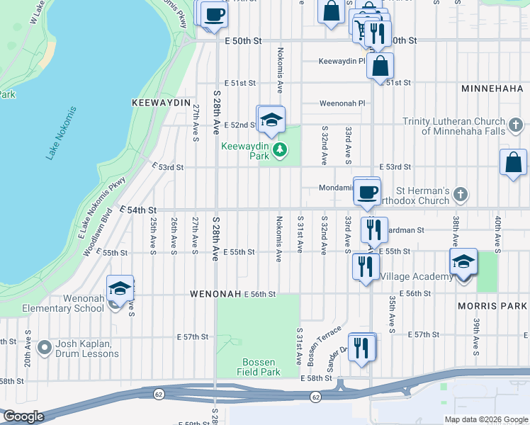 map of restaurants, bars, coffee shops, grocery stores, and more near 5336 30th Avenue South in Minneapolis
