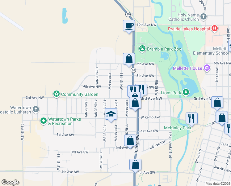 map of restaurants, bars, coffee shops, grocery stores, and more near 14th Street Northwest in Watertown