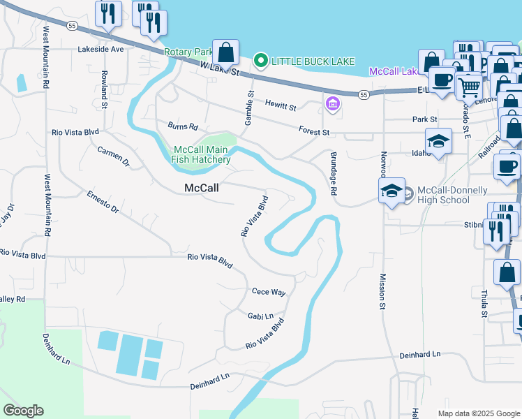 map of restaurants, bars, coffee shops, grocery stores, and more near 377 Rio Vista Boulevard in McCall