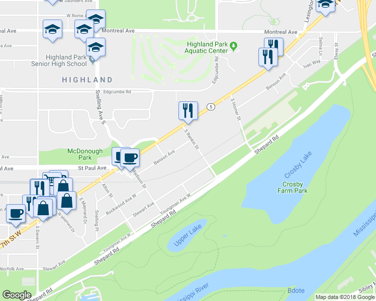 map of restaurants, bars, coffee shops, grocery stores, and more near 1133 South Rankin Street in Saint Paul