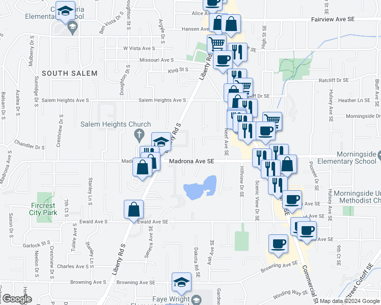 map of restaurants, bars, coffee shops, grocery stores, and more near 3441 3rd Avenue Southeast in Salem