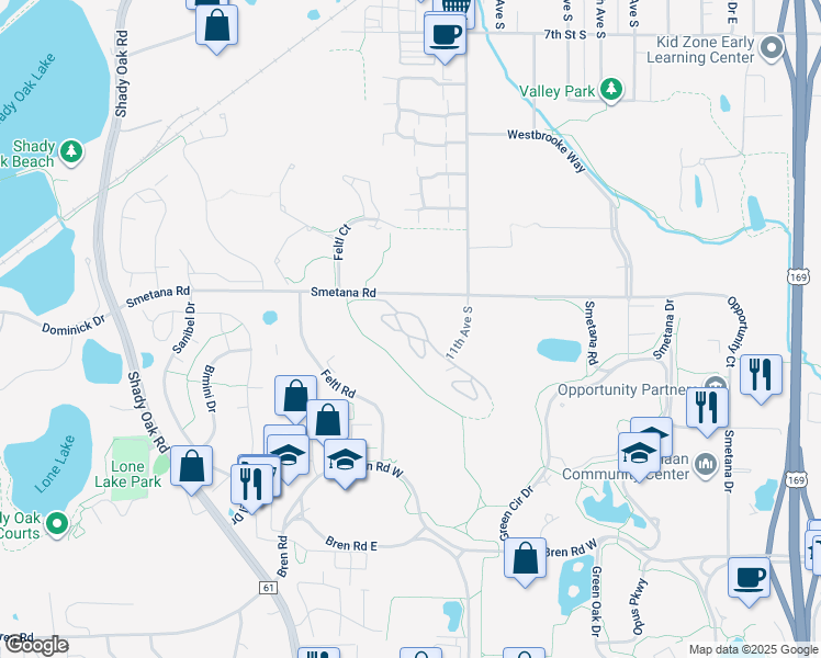 map of restaurants, bars, coffee shops, grocery stores, and more near 10745 Smetana Road in Minnetonka
