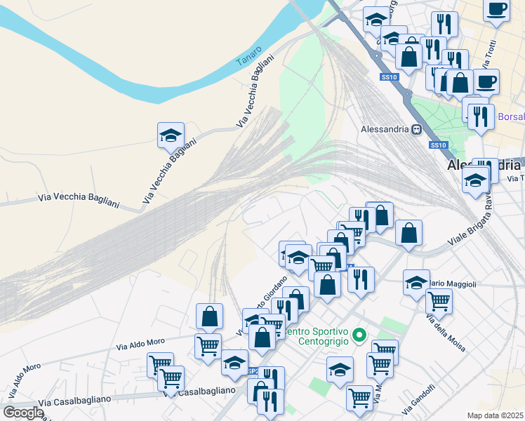 map of restaurants, bars, coffee shops, grocery stores, and more near 74 Via Giovanni Scazzola in Alessandria