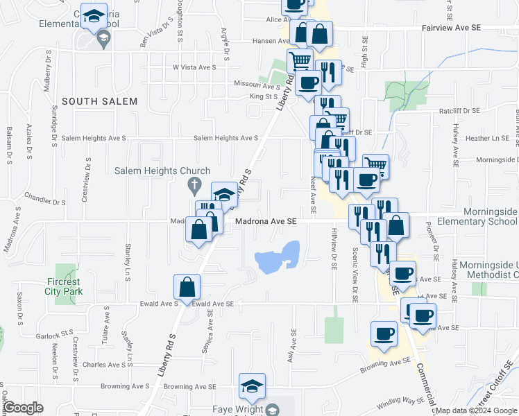 map of restaurants, bars, coffee shops, grocery stores, and more near 3437-3439 3rd Avenue Southeast in Salem