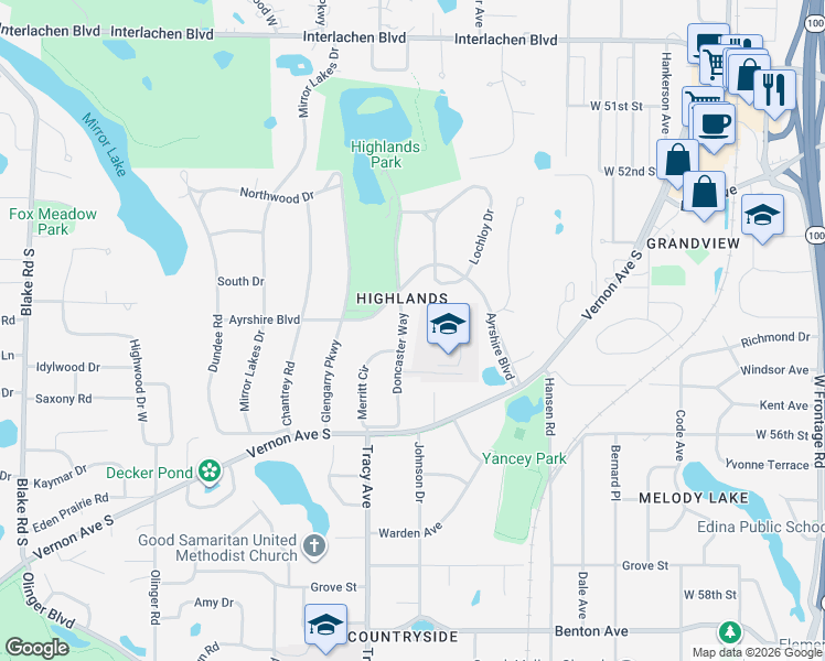 map of restaurants, bars, coffee shops, grocery stores, and more near 5409 Doncaster Way in Minneapolis