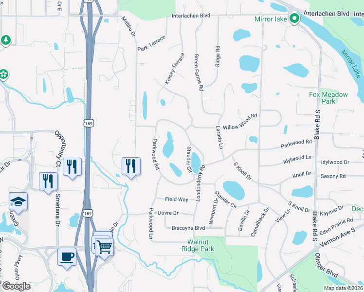 map of restaurants, bars, coffee shops, grocery stores, and more near 5400 Londonderry Road in Minneapolis