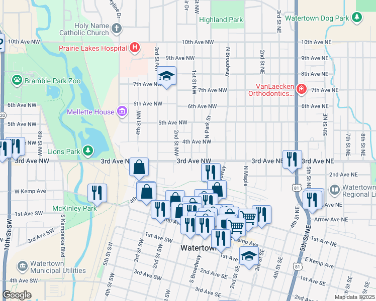 map of restaurants, bars, coffee shops, grocery stores, and more near 319 1st Street Northwest in Watertown