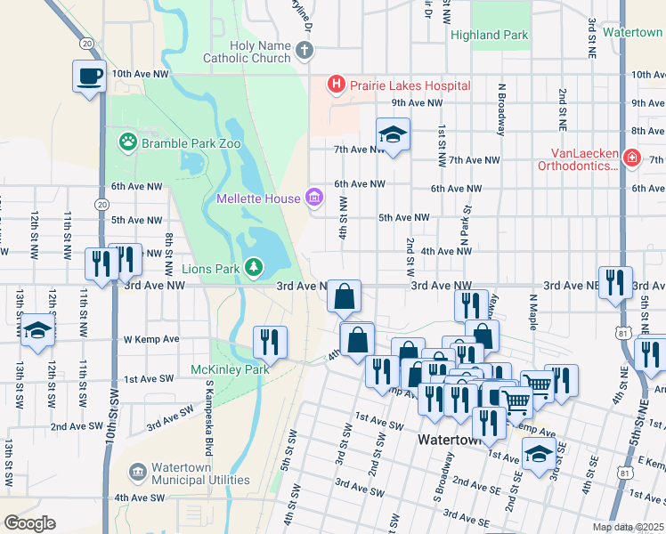 map of restaurants, bars, coffee shops, grocery stores, and more near 301-399 4th St NW in Watertown