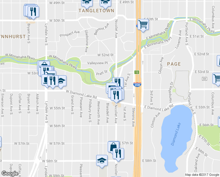 map of restaurants, bars, coffee shops, grocery stores, and more near 15 West Minnehaha Parkway in Minneapolis