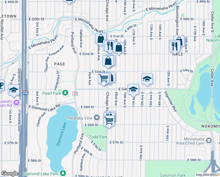 map of restaurants, bars, coffee shops, grocery stores, and more near 5347 Chicago Avenue South in Minneapolis
