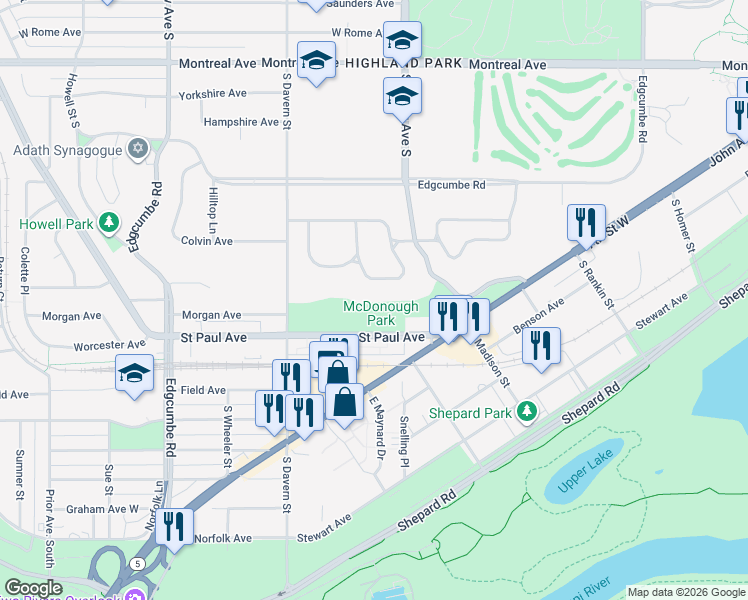 map of restaurants, bars, coffee shops, grocery stores, and more near 2120 Lower Saint Dennis Road in Saint Paul