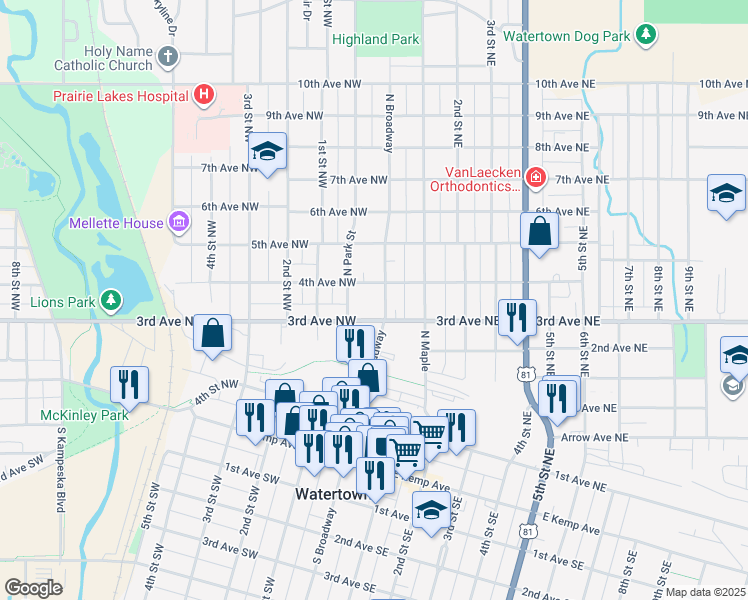 map of restaurants, bars, coffee shops, grocery stores, and more near 301-399 N Broadway in Watertown