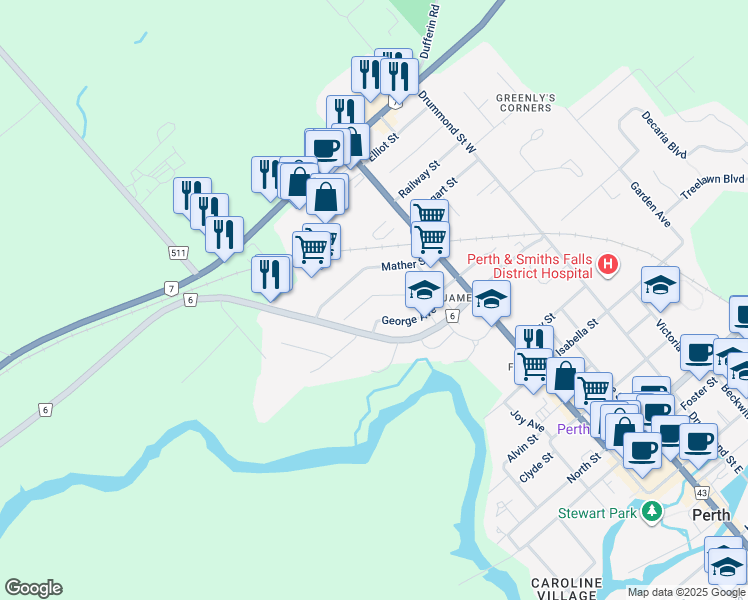 map of restaurants, bars, coffee shops, grocery stores, and more near 28 McLean Boulevard in Perth