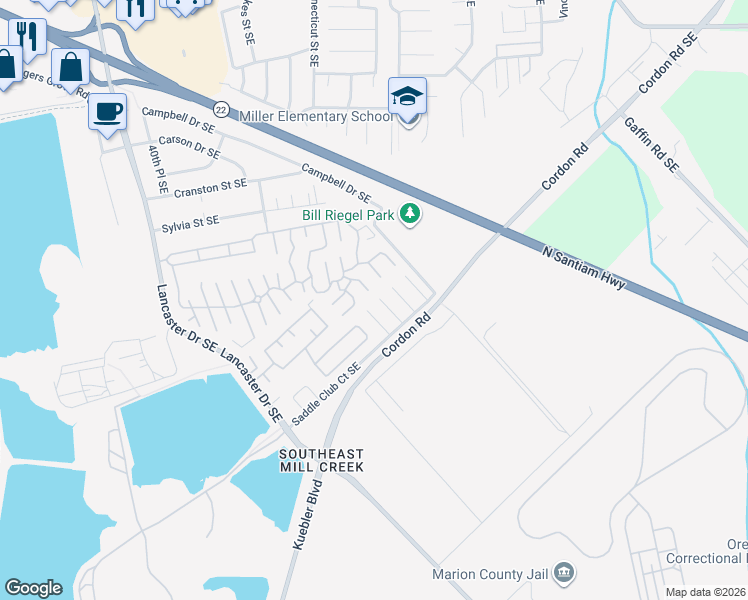map of restaurants, bars, coffee shops, grocery stores, and more near 2423 Percheron Court Southeast in Salem