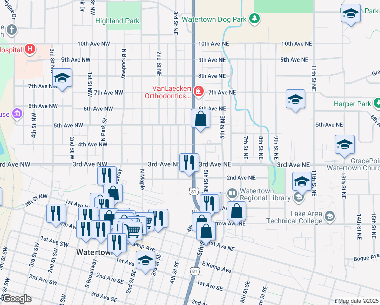 map of restaurants, bars, coffee shops, grocery stores, and more near 317 4th Street Northeast in Watertown