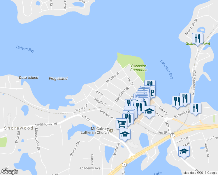 map of restaurants, bars, coffee shops, grocery stores, and more near 127 Bell Street in Excelsior
