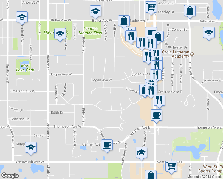 map of restaurants, bars, coffee shops, grocery stores, and more near 44 Imperial Drive West in Saint Paul