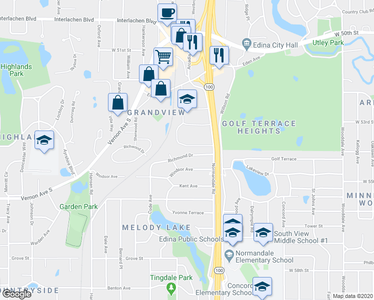map of restaurants, bars, coffee shops, grocery stores, and more near 5036 Richmond Drive in Edina