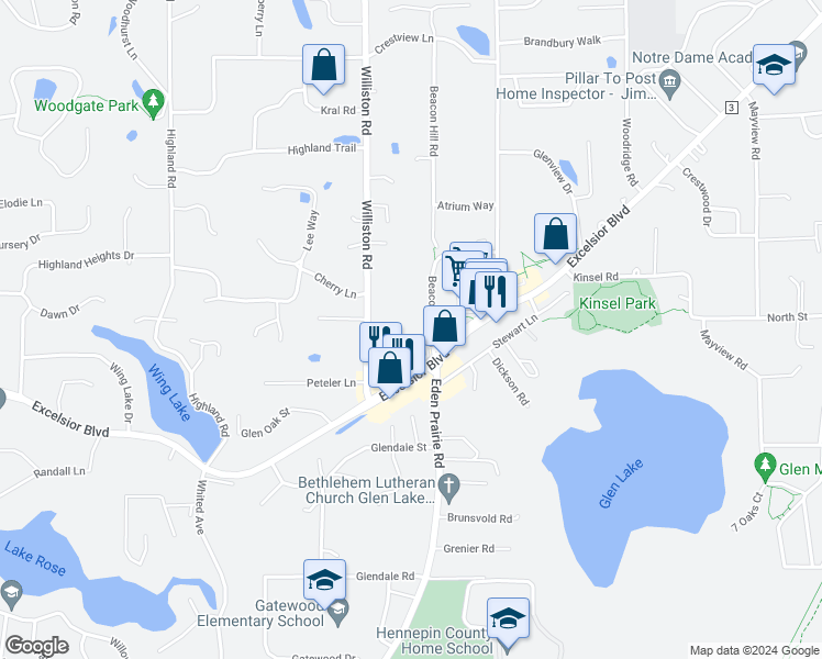 map of restaurants, bars, coffee shops, grocery stores, and more near 5416 Beacon Hill Road in Minnetonka