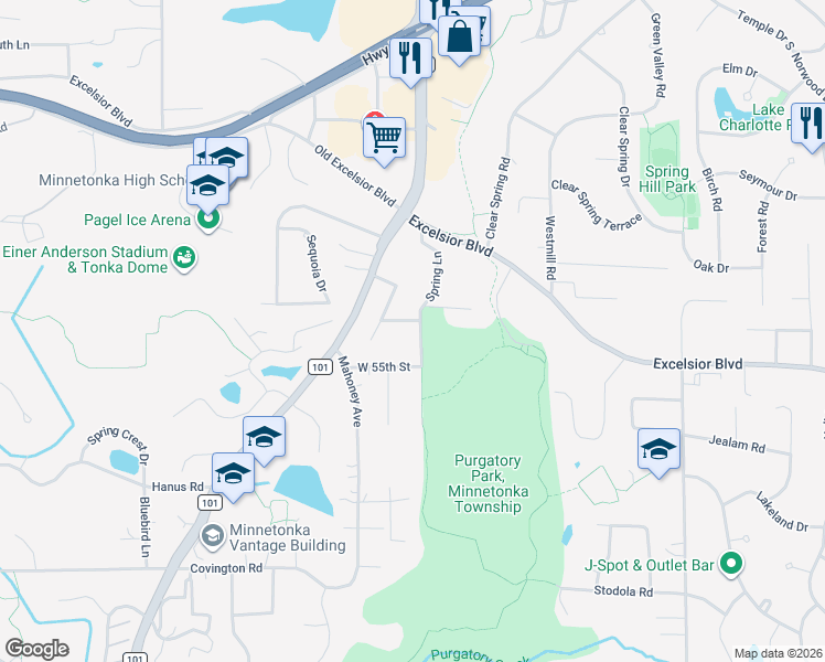 map of restaurants, bars, coffee shops, grocery stores, and more near 17609 Jennifer Lane in Minnetonka