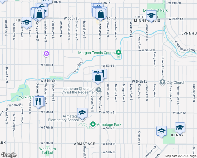 map of restaurants, bars, coffee shops, grocery stores, and more near 5346 Penn Avenue South in Minneapolis
