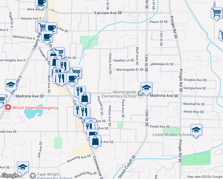 map of restaurants, bars, coffee shops, grocery stores, and more near 3486 Hulsey Avenue Southeast in Salem