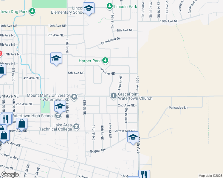 map of restaurants, bars, coffee shops, grocery stores, and more near 312 16th Street Northeast in Watertown