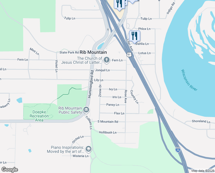 map of restaurants, bars, coffee shops, grocery stores, and more near 1402 Ivy Lane in Wausau