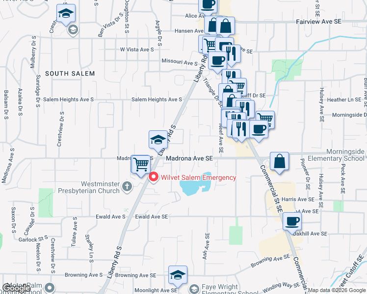 map of restaurants, bars, coffee shops, grocery stores, and more near 247 Madrona Avenue Southeast in Salem