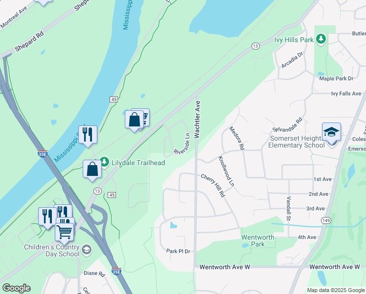 map of restaurants, bars, coffee shops, grocery stores, and more near 1321 Riverside Lane in Mendota Heights