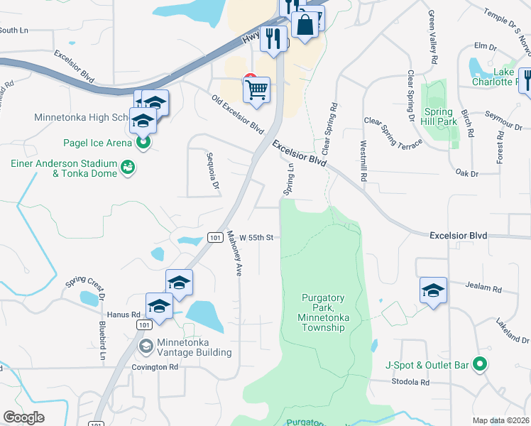 map of restaurants, bars, coffee shops, grocery stores, and more near 17609 Jennifer Lane in Minnetonka