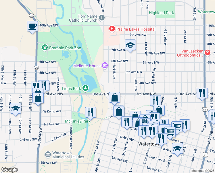 map of restaurants, bars, coffee shops, grocery stores, and more near 498 4th Avenue Northwest in Watertown