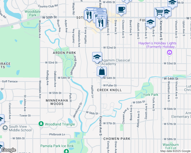 map of restaurants, bars, coffee shops, grocery stores, and more near 908 West 54th Street in Edina