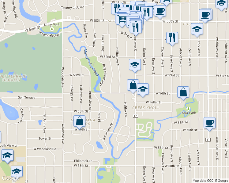 map of restaurants, bars, coffee shops, grocery stores, and more near 5336 Halifax Avenue South in Minneapolis