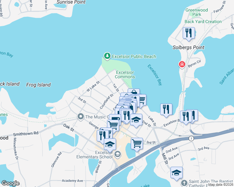 map of restaurants, bars, coffee shops, grocery stores, and more near 200 1st Street in Excelsior