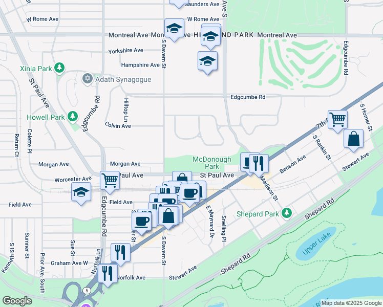 map of restaurants, bars, coffee shops, grocery stores, and more near 2130 Lower Saint Dennis Road in Saint Paul